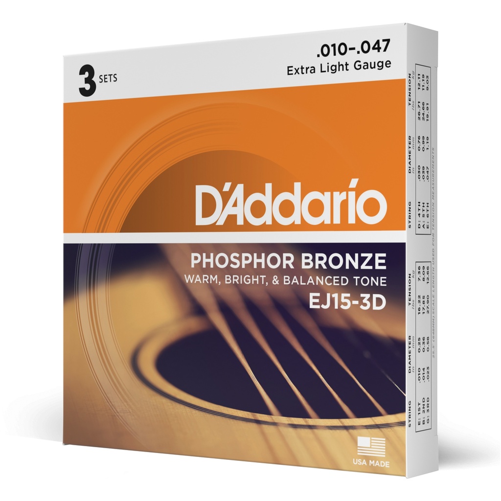 D'Addario EJ15-3D - Cordes Guitare Acoustique Extra Light (Bronze Phosphoreux, 3-Jeux)