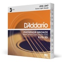 D'Addario EJ15-3D - Cordes Guitare Acoustique Extra Light (Bronze Phosphoreux, 3-Jeux)