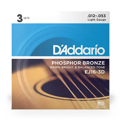 D'Addario EJ16-3D - cordes bronze phosphoreux LIGHT 12-53 - 3 paquets