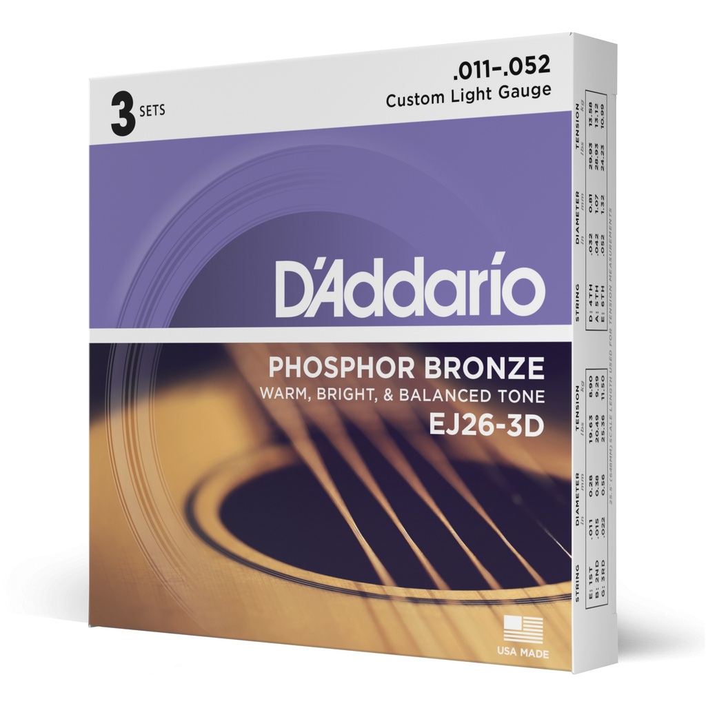 D'Addario EJ26-3D - Phosphor Bronze Acoustic Guitar Strings [Custom Light 11-52]