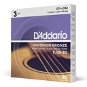 D'Addario EJ26-3D - Paquet de 3 - Cordes Bronze Phosphoreux Guitare Acoustique [Custom Light 11-52]