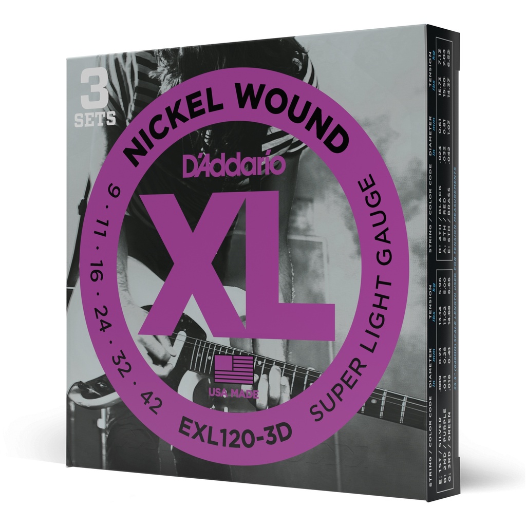 D'Addario EXL120-3D - Cordes Guitare Électrique [Super Light 9-42, 3 Jeux]