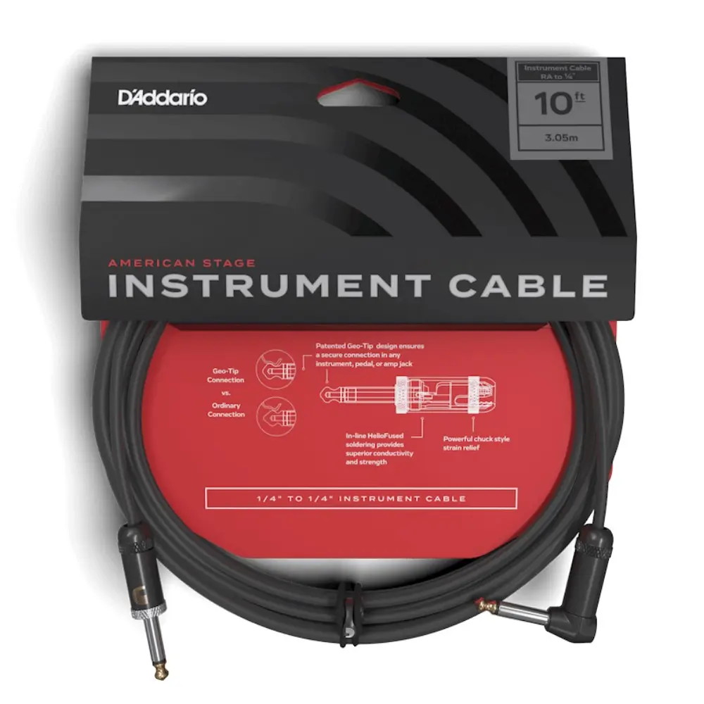 D'Addario American Stage 10 ft Instrument Cable, Straight to Right Angle