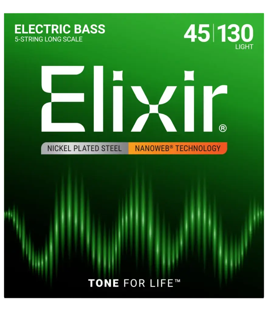 Elixir Strings Jeu en acier nickelé à technologie Nanoweb pour basse à 5 cordes tension légère, calibres 0,045 à 0,130