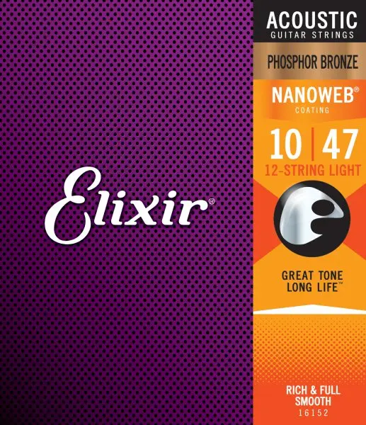 Elixir 16152 12-Cordes Elixir® Acoustique en bronze phosphoreux avec revêtement NANOWEB® (.010 - .047 & .010 - .027)