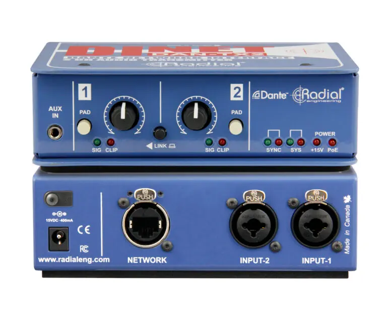 Radial DiNet Dan-TX  Dante network transmitter, 2 stereo DI