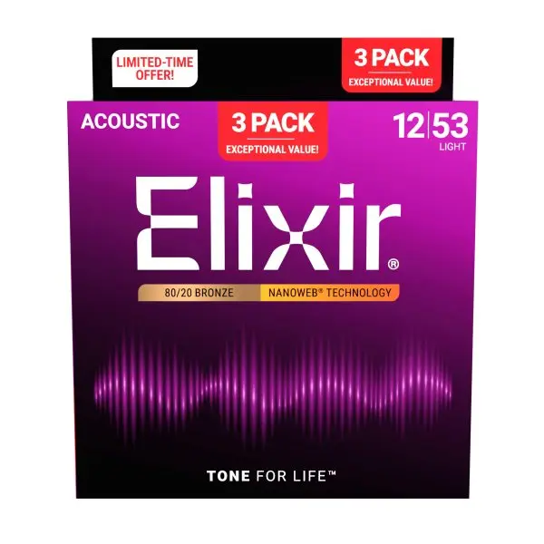 Elixir 16565 - Paquet de 3 - Cordes en bronze 80/20 de qualité acoustique Elixir® avec revêtement NANOWEB (.012 - .053)