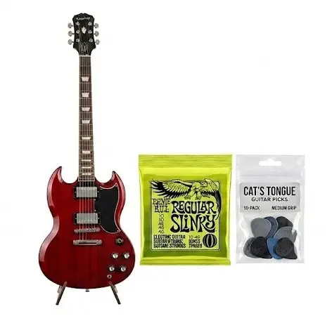Guitare électrique Epiphone SG Standard '61 (Vintage Cherry) - Pack prêt à jouer avec cordes Ernie Ball Regular Slinky (10-46) et 12 médiators Cat's Tongue