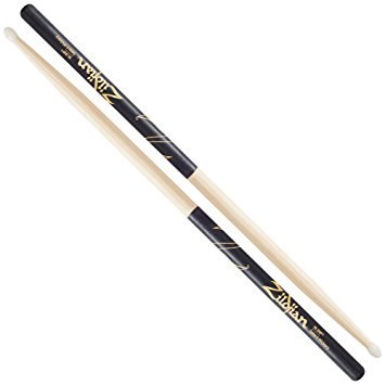 Zildjian 7A Nylon DIP Hickory Drumsticks with Black Grip Coating, Round Nylon Tip