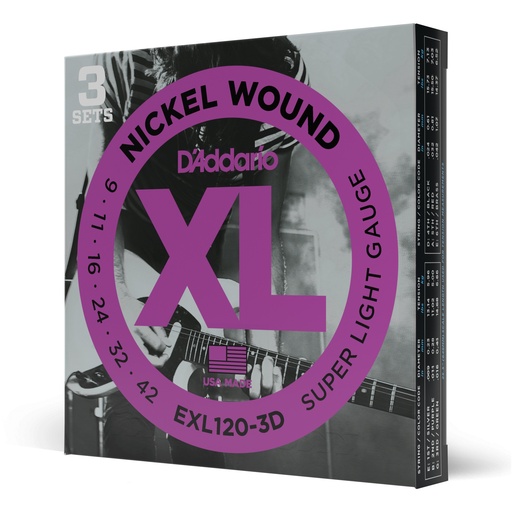 [EXL120-3D] D'Addario EXL120-3D - Electric Guitar Strings [Super Light 9-42, 3 Sets]