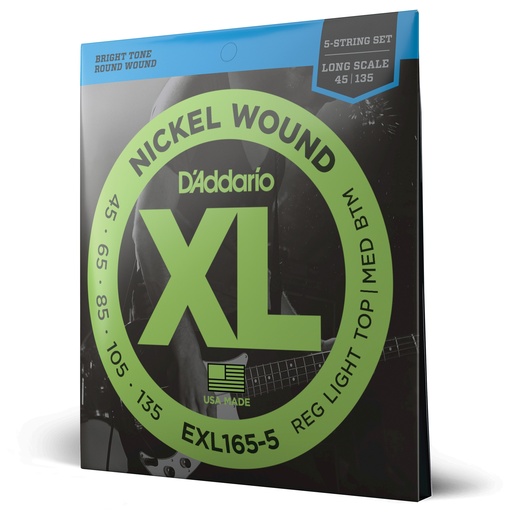 [EXL165-5] D'Addario Strings - EXL165-5 - D'Addario D'Addario EXL165 5-String Bass Nickel Strings, Custom Light, 45-135, Long Strings