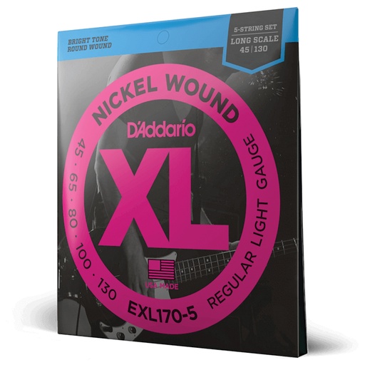 [EXL170-5] D'Addario Strings - EXL170-5 - D'Addario Cordes en nickel pour basse 5 cordes D'Addario EXL170-5, Light, 45-130, cordes longues