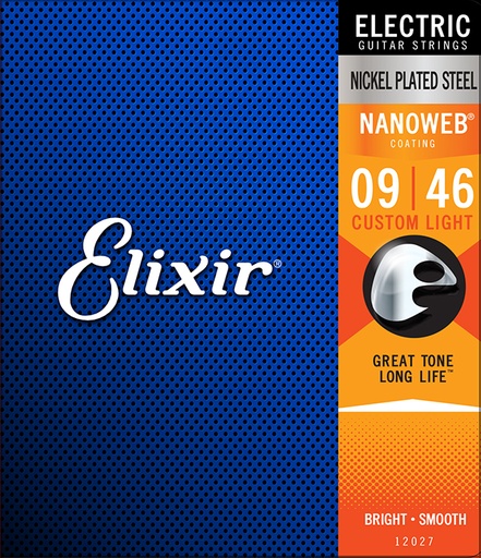 [12027] Elixir 12027 Cordes électriques en acier nickelé Custom Light avec revêtement Nanoweb (.009 - .046)
