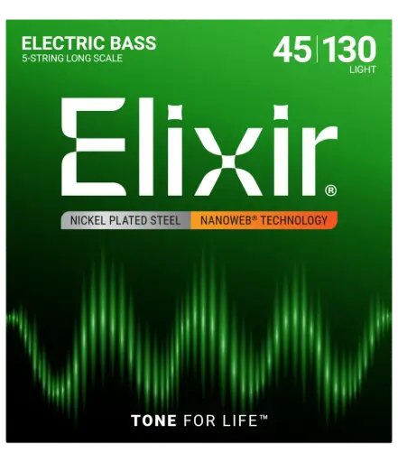 [14202] Elixir Strings Jeu en acier nickelé à technologie Nanoweb pour basse à 5 cordes tension légère, calibres 0,045 à 0,130