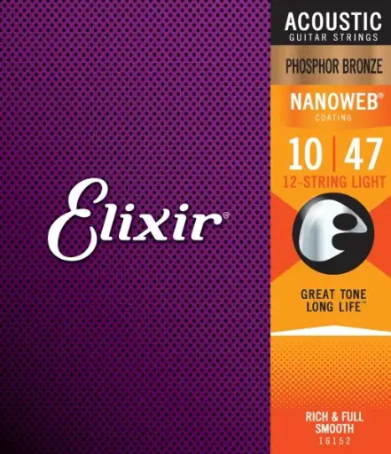 [16152] Elixir 16152 12-Cordes Elixir® Acoustique en bronze phosphoreux avec revêtement NANOWEB® (.010 - .047 & .010 - .027)