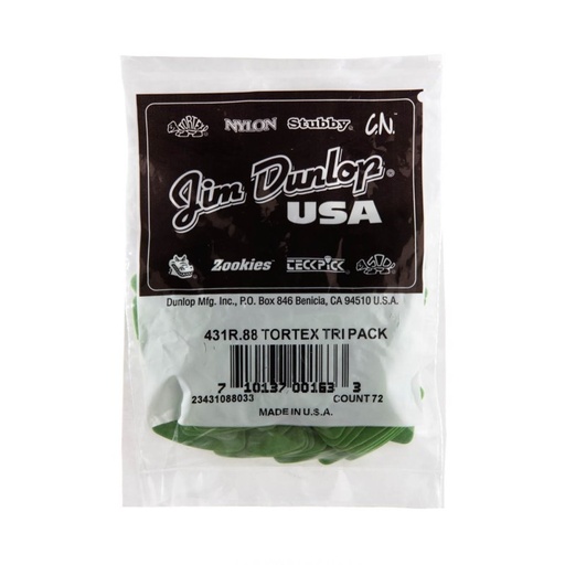 [431R-88] Dunlop Médiator de guitare triangulaire Tortex® vert de 0,88 mm (sac de 72) 